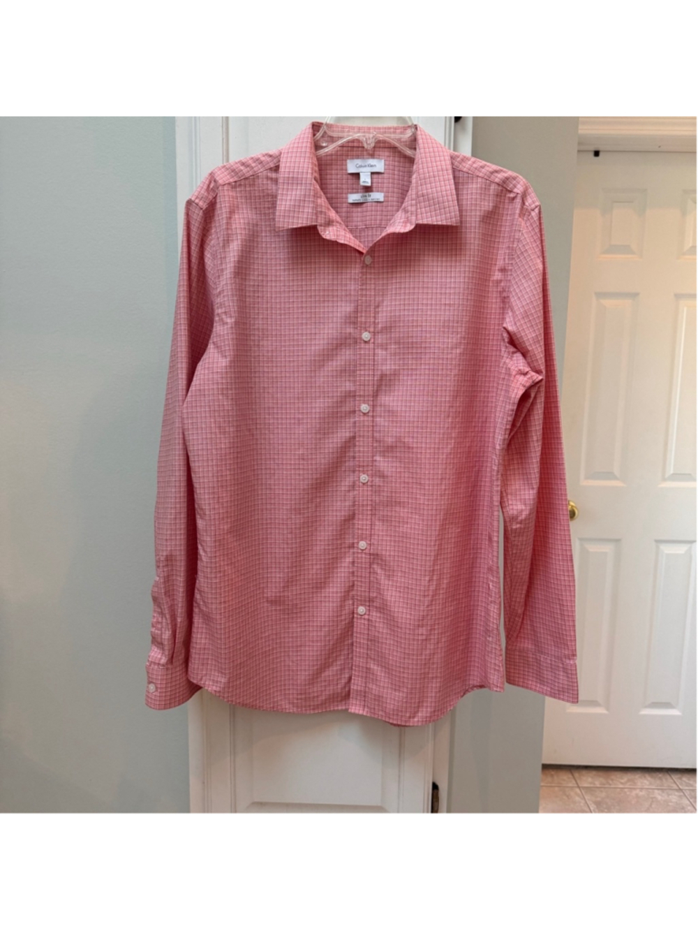 Calvin Klein Infinite Cool Slim Non Iron Salmon Pink Plaid Shirt L